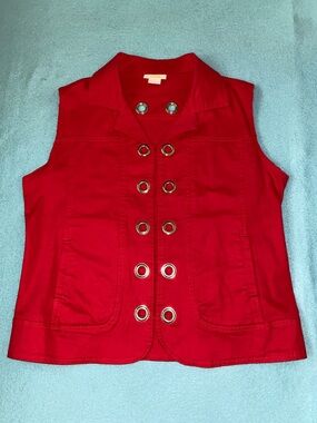 TIA DESIGNS denim vintage red vest silver grommet details 2 front pockets size M